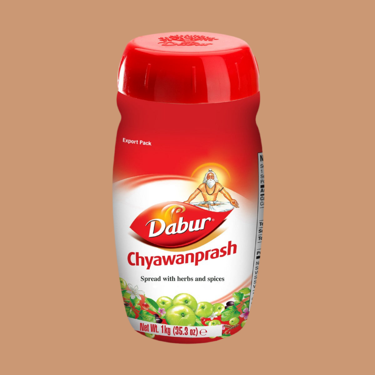 Dabur Chyawanprash container on a brown background