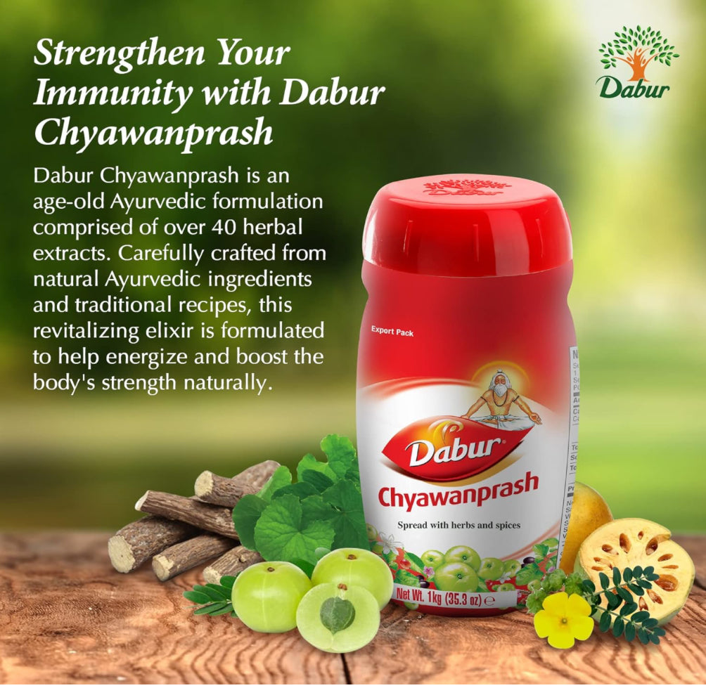 Dabur Chyawanprash container with ingredients on a wooden surface and green background