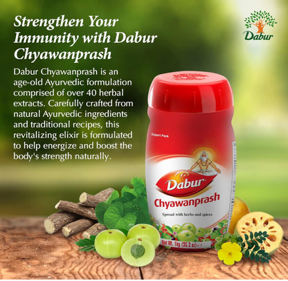 Dabur Chyawanprash container with ingredients on a wooden surface and green background