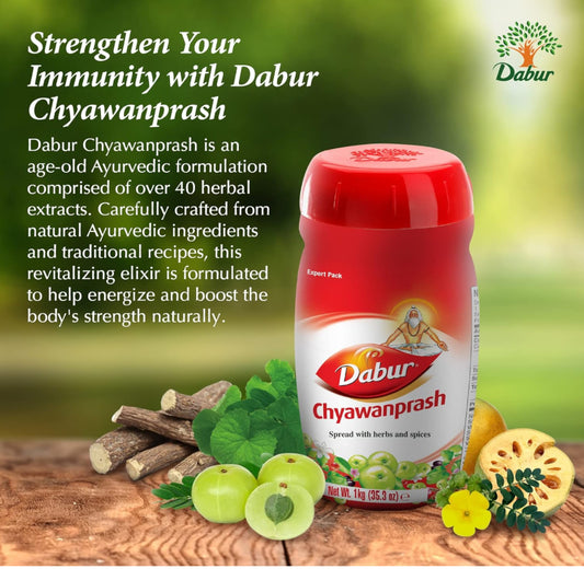 Dabur Chyawanprash container with ingredients on a wooden surface and green background