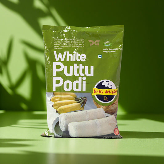 Green package of 'White Puttu Podi' with branding on a green background