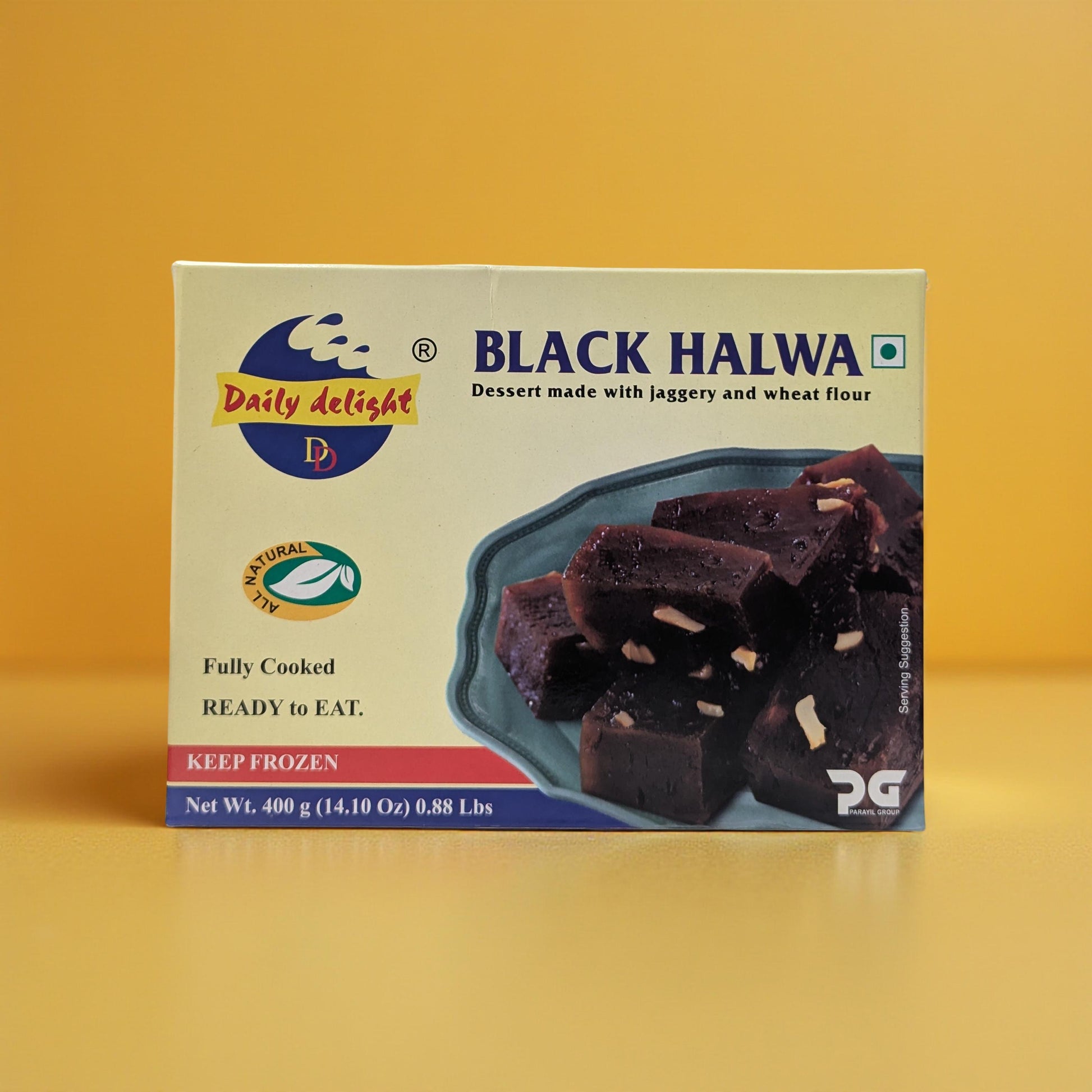 Box of Daily Delight Black Halwa on a yellow background