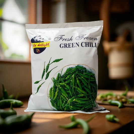Bag of 'Daily Delight' green chilies on a wooden surface with blurred background