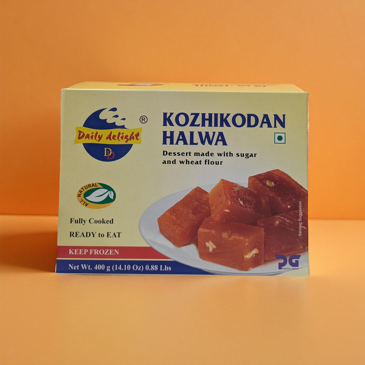 Box of Kozhikodan Halwa on an orange background