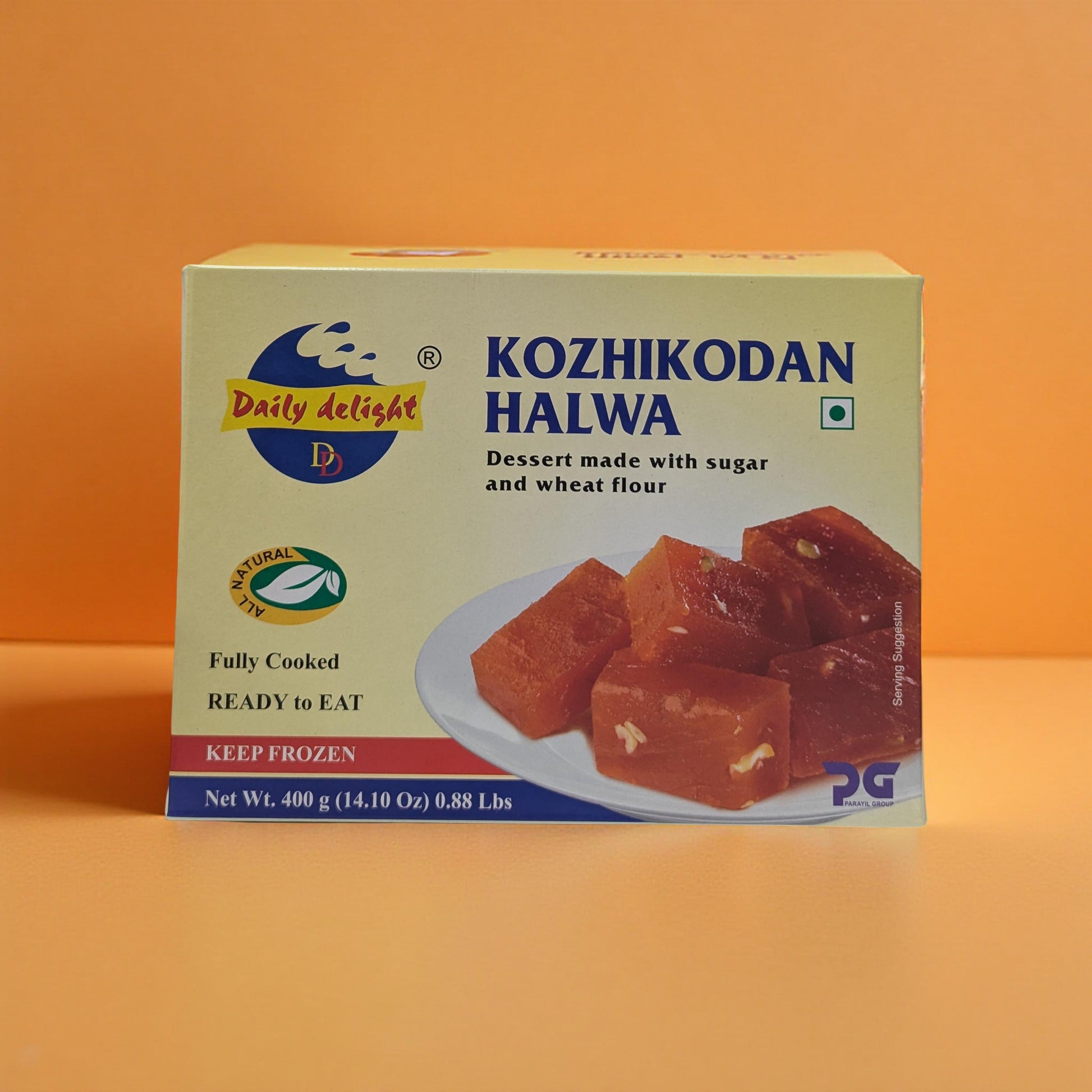 Box of Kozhikodan Halwa on an orange background