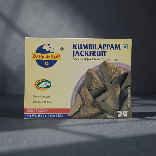 Box of Kumbilappam Jackfruit Dumplings with branding and product details on a dark background