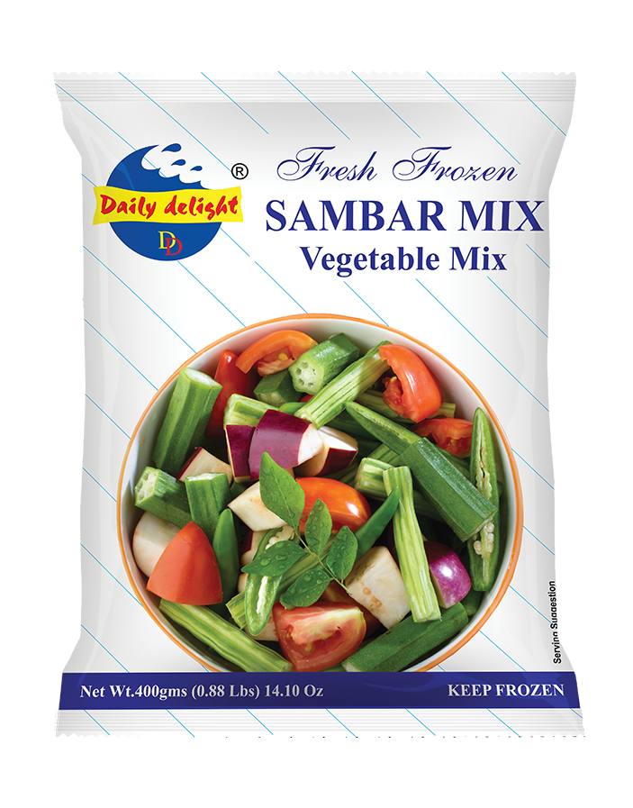 Packaging of Daily Delight Sambar Mix Vegetable Mix on a white background