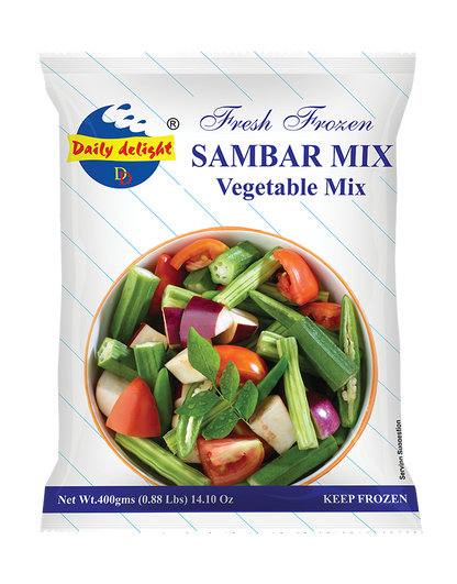 Packaging of Daily Delight Sambar Mix Vegetable Mix on a white background