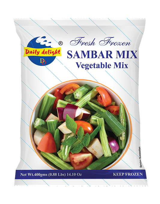 Packaging of Daily Delight Sambar Mix Vegetable Mix on a white background