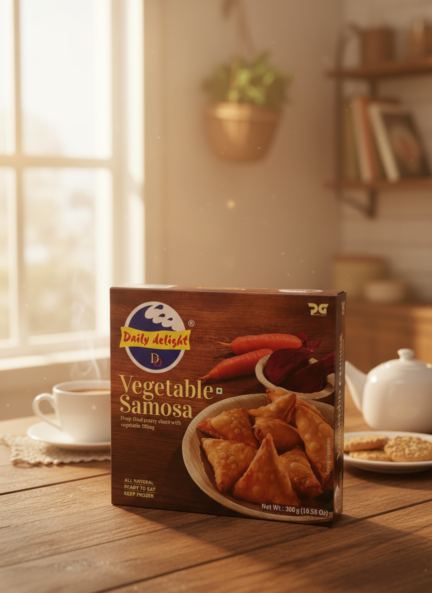Box of Vegetable Samosa from Daily Delight on a wooden table with a cup of tea and teapot in a cozy room.