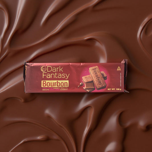Dark Fantasy Bourbon chocolate bar on a chocolate background