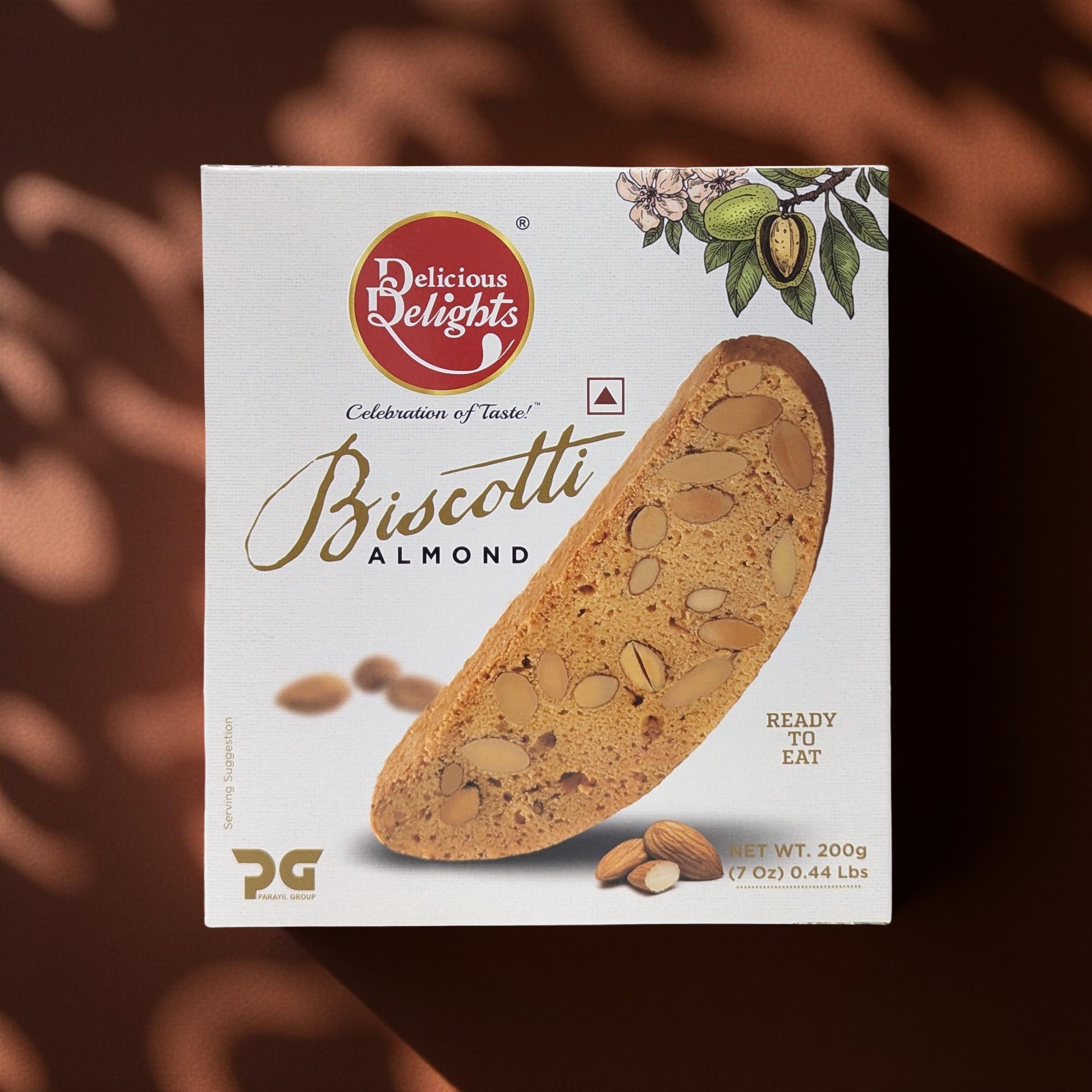 Box of Delicious Delights Almond Biscotti on a dark background