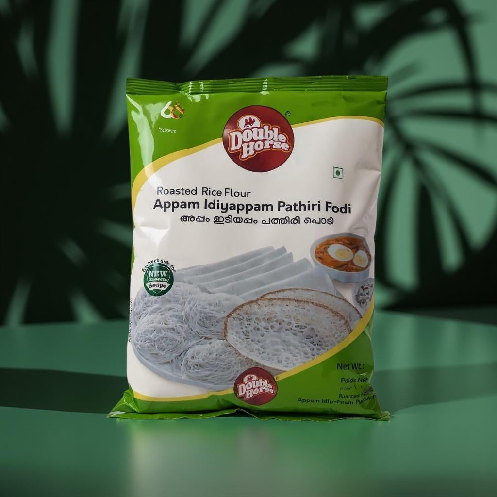 Double Horse Roasted Rice Flour package on a green background
