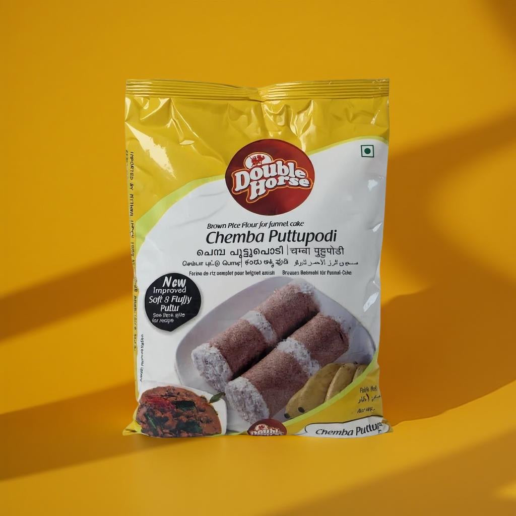 Double Horse Chemba Puttupodi packaging on a yellow background