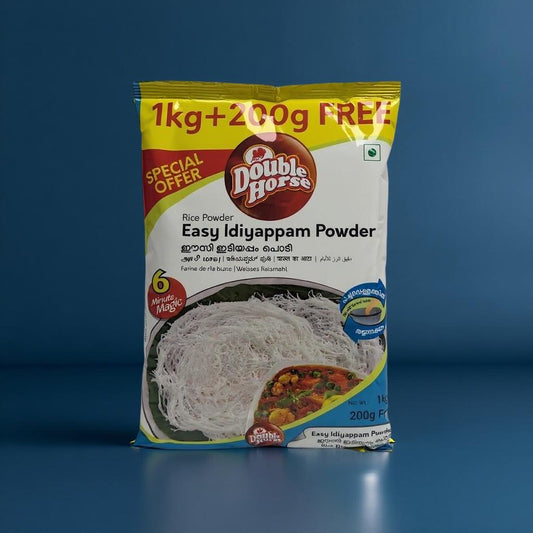 Double Horse Easy Idiyappam Powder package on a blue background