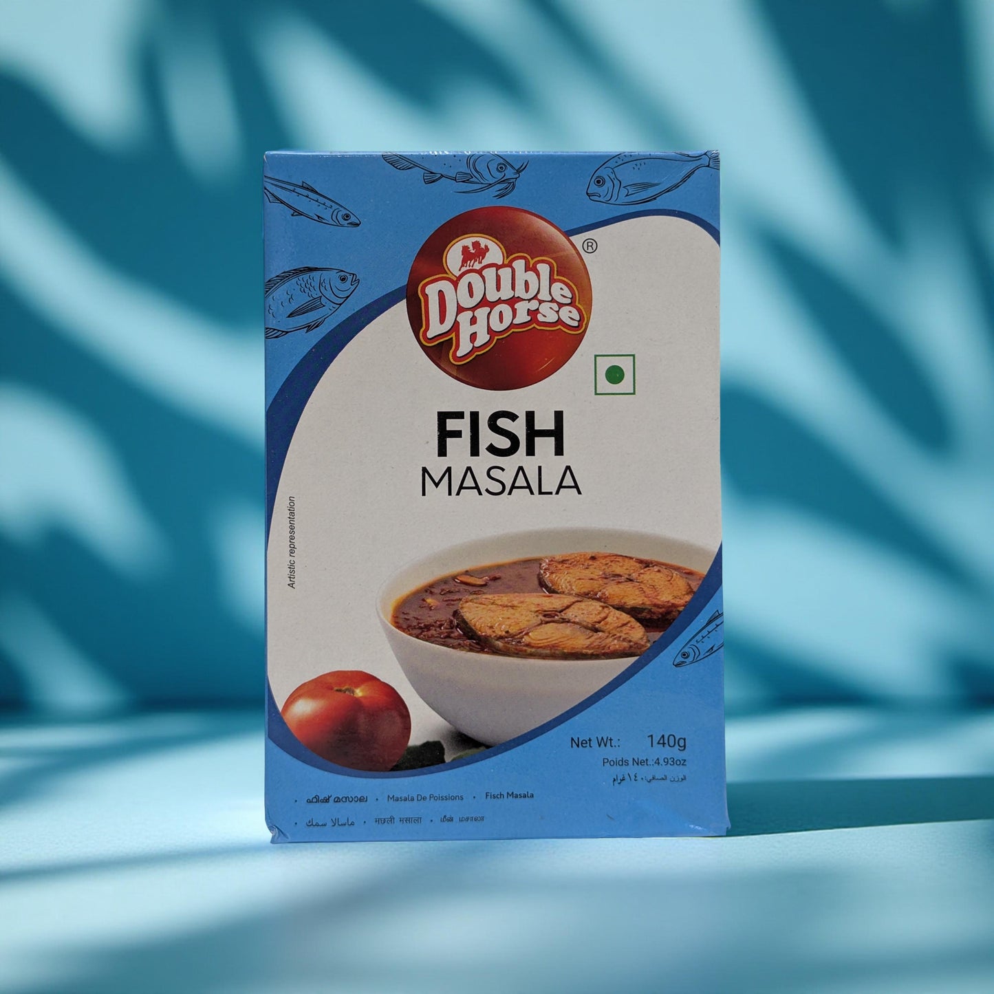 Double Horse Fish Masala packaging on a blue background