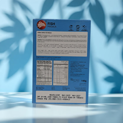 Back view of a blue food packaging box with nutritional information on a light blue background