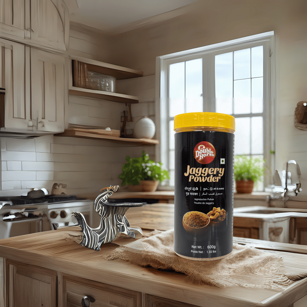Container of Double Horse Jaggery Powder on a kitchen counter with a window in the background