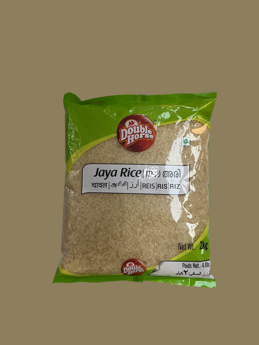 Packaged rice with 'Double Horse' branding on a beige background