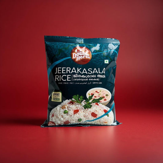 Packaged rice product with 'Double Horse' branding on a red background