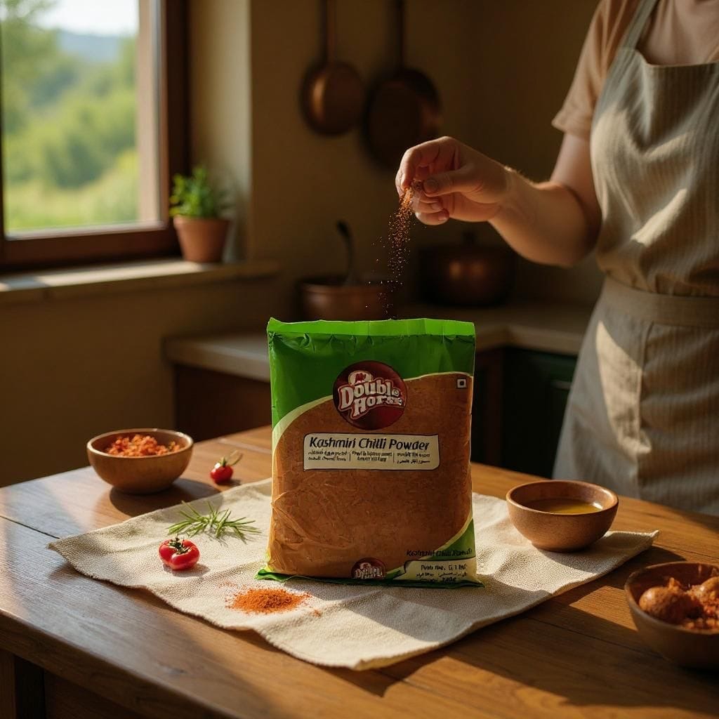 Person adding spices to a bag of Kashmiri Chilli Powder on a wooden table.