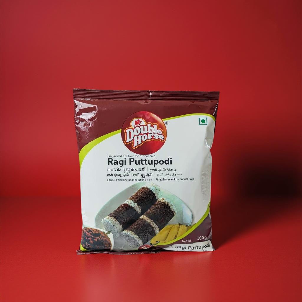 Double Horse Ragi Puttupodi packaging on a red background