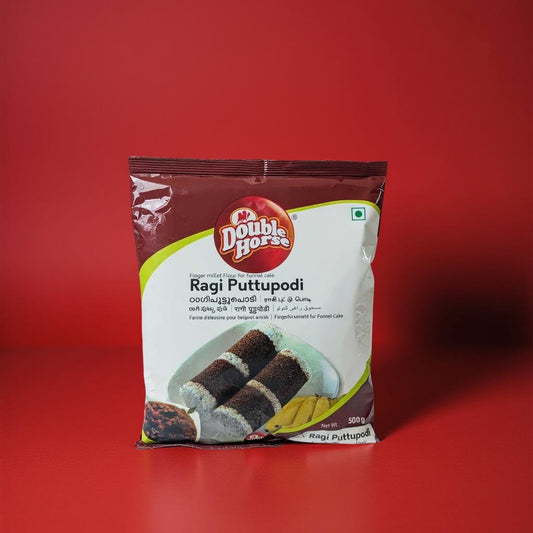 Double Horse Ragi Puttupodi packaging on a red background