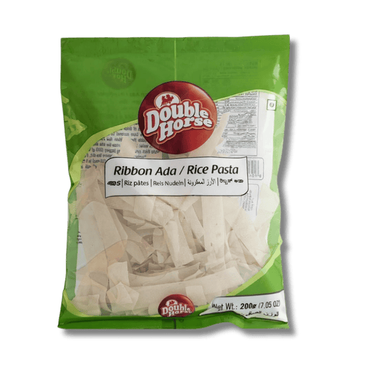 Packaged rice pasta with Doubles Horse branding on a green background