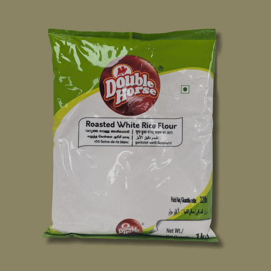 Bag of Double Horse Roasted White Rice Flour on a beige background