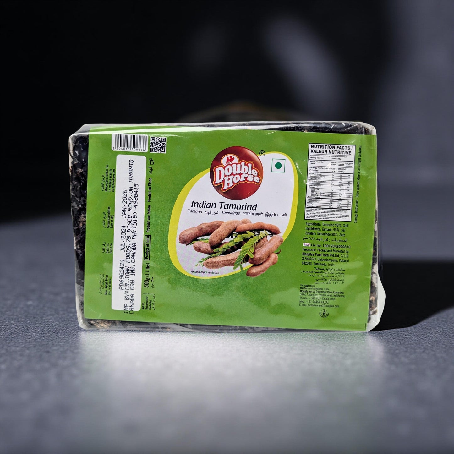 Packaged food item with a green label featuring Double Horse branding on a dark background