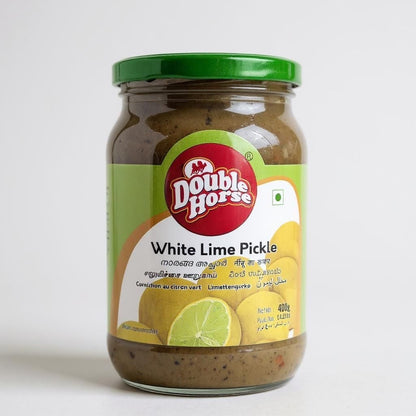 Jar of Double Horse White Lime Pickle on a white background