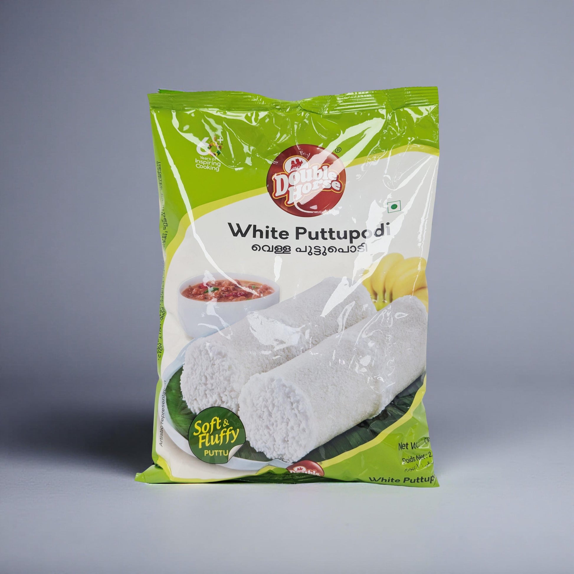 Packaged product with green and white design on a gray background