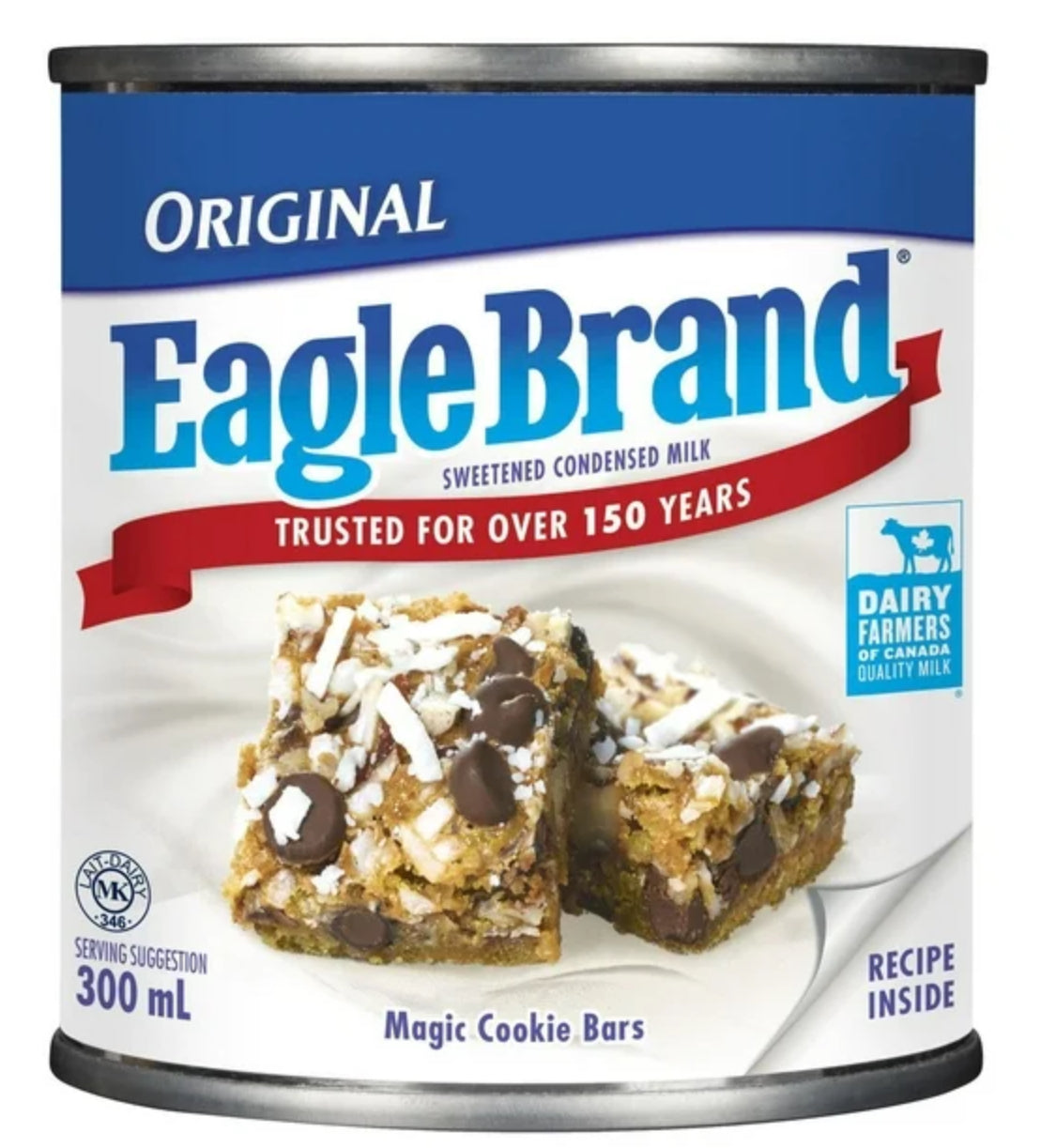 Can of Eagle Brand sweetened condensed milk with a picture of Magic Cookie Bars on the label.