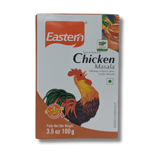 Box of Eastern Spice Mix for Chicken Masala with a rooster illustration on a green background