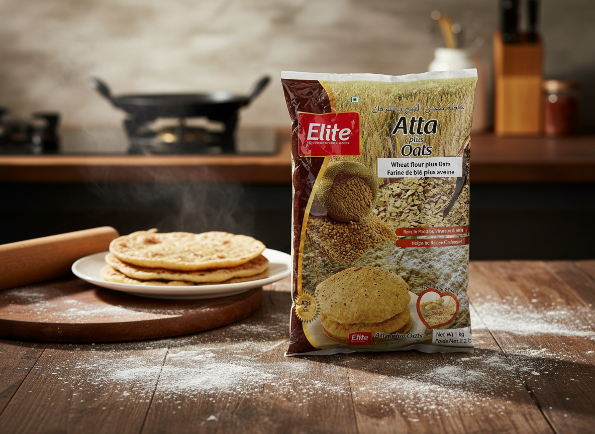 Bag of Elite Atta Oats with baked goods on a wooden table