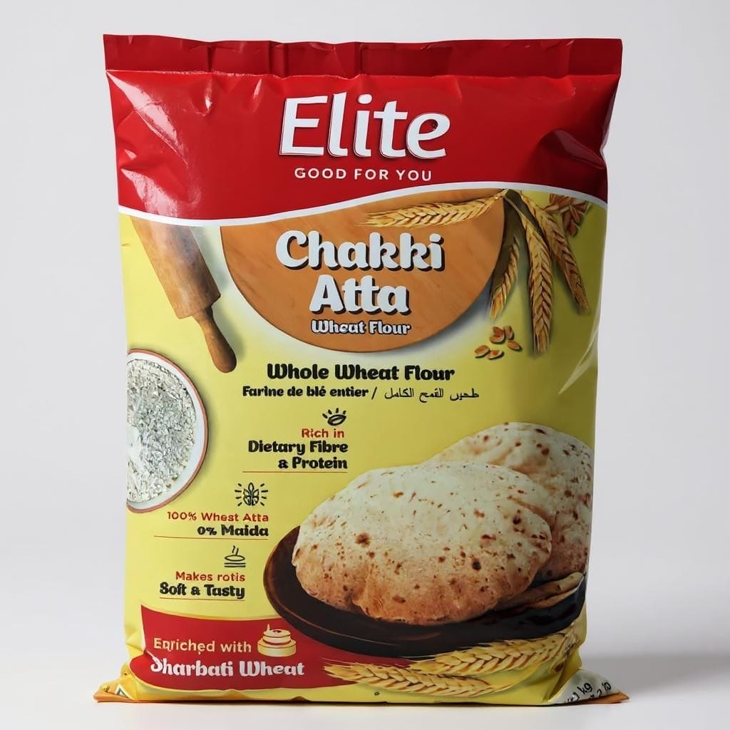 Bag of Elite Chakki Atta whole wheat flour with branding and product details.