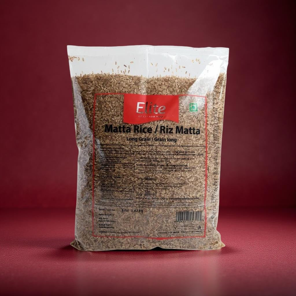 Bag of Matta Rice with Elite label on a red background