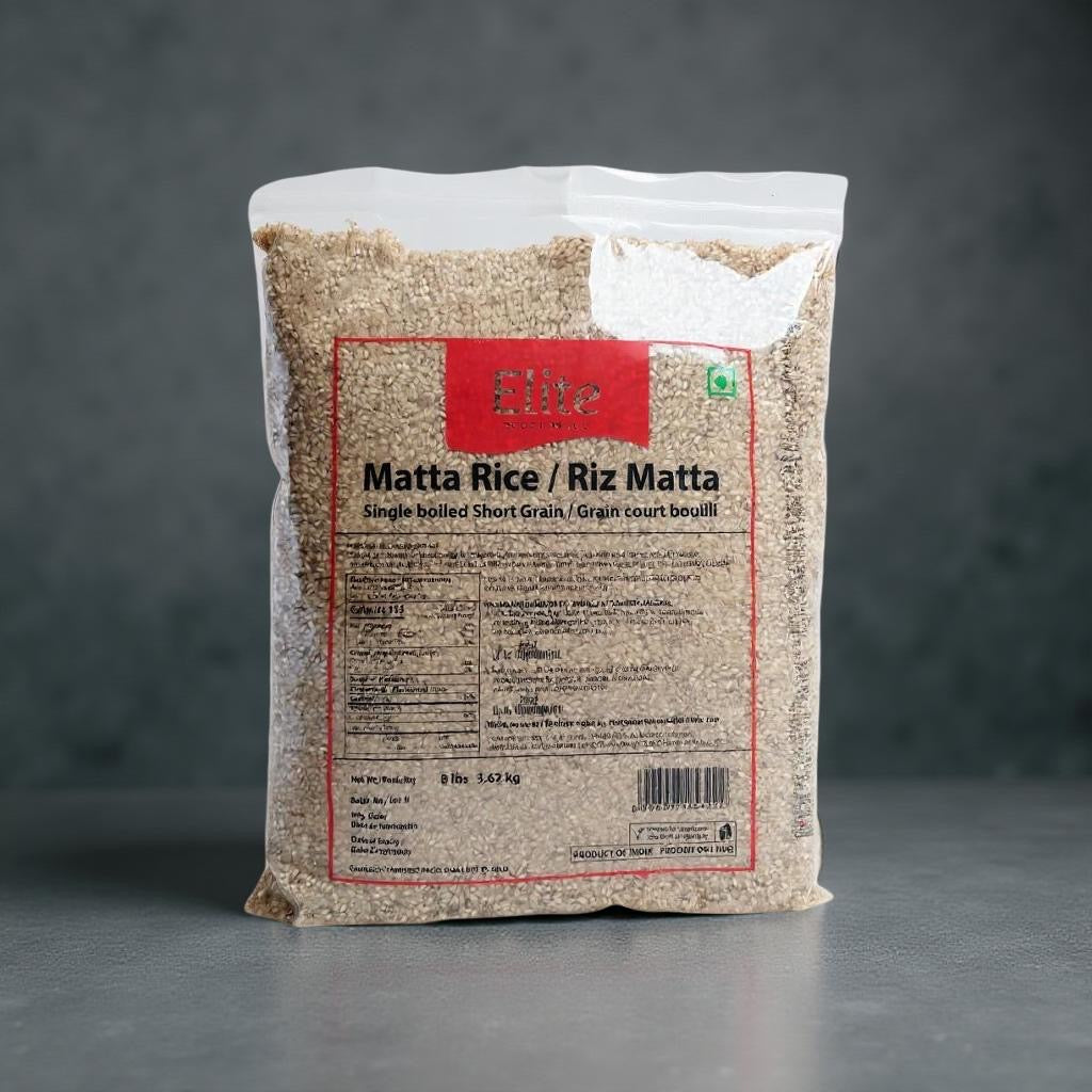 Bag of Elite Matta Rice on a gray background