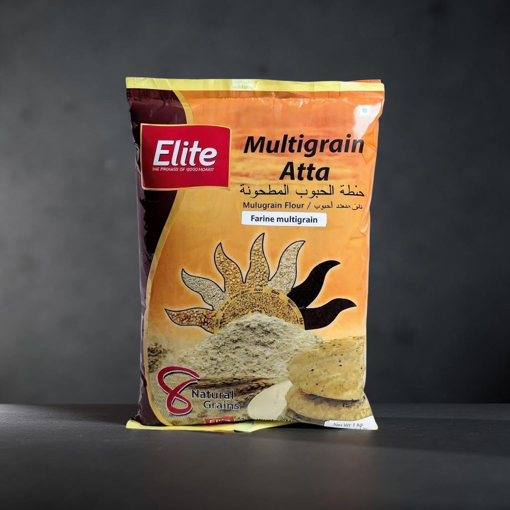 Bag of Elite Multigrain Atta with a dark background