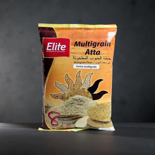Bag of Elite Multigrain Atta with a dark background