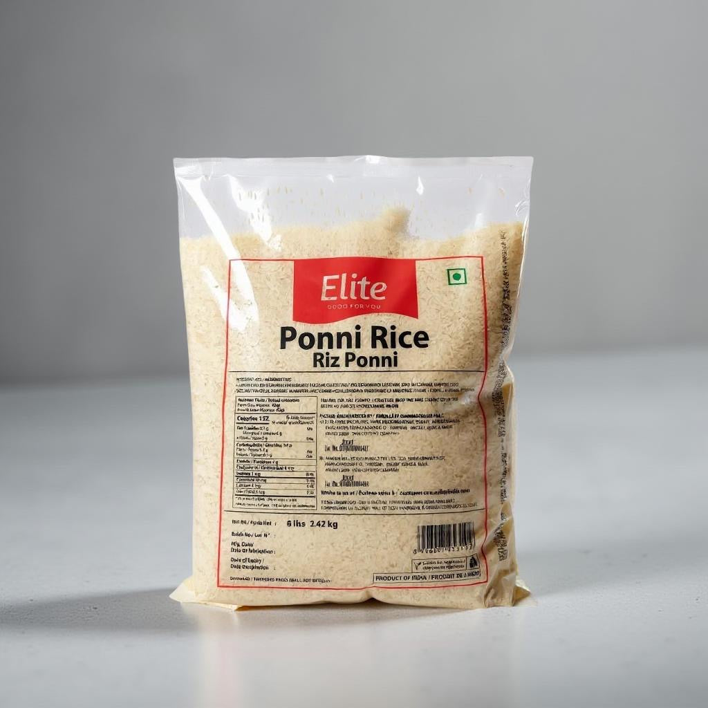 Packaged rice with Elite Ponni Rice label on a gray background