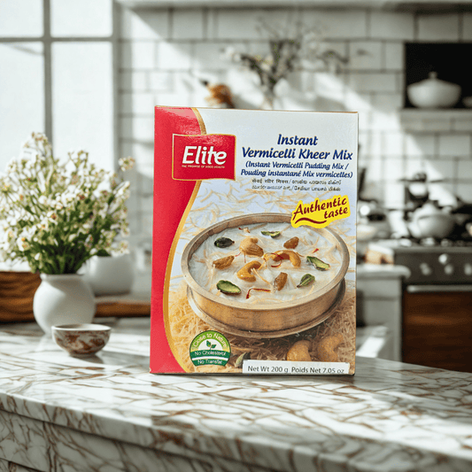 Box of Elite Instant Vermicelli Khayer Mix on a kitchen counter with a blurred background