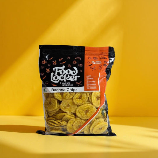 Bag of Food Locker Banana Chips on a yellow background