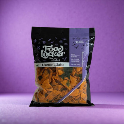 Bag of Food Locker Diamond Salsa chips on a purple background