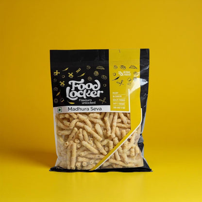 Packaged snack with 'Food Locker' branding on a yellow background