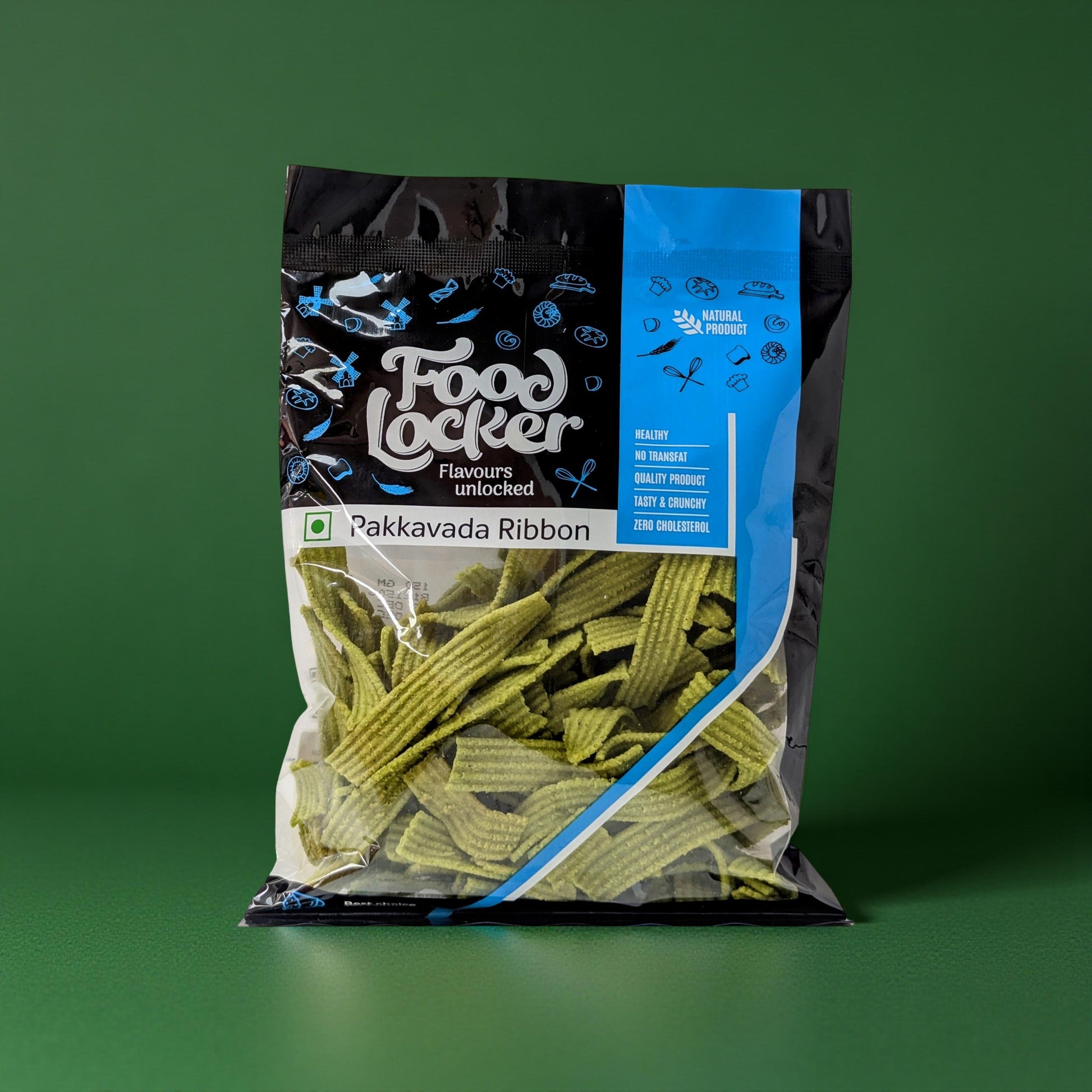 Packaged food product with 'Food Locker' branding on a green background
