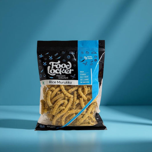 Packaged rice murukku with 'Food Locker' branding on a blue background
