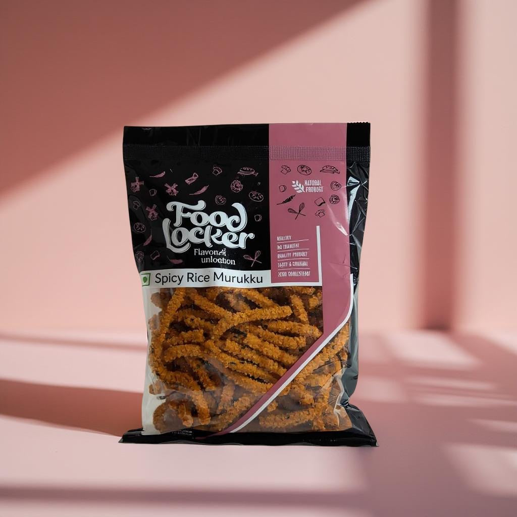 Packaged snack with 'Foodlocker' branding on a pink background