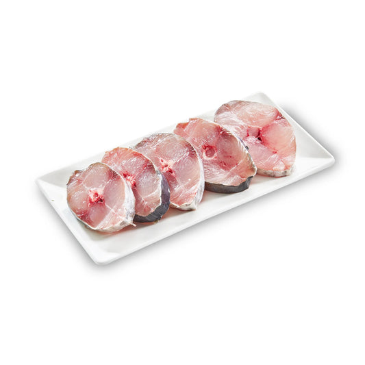 Raw fish fillets on a white plate with a white background