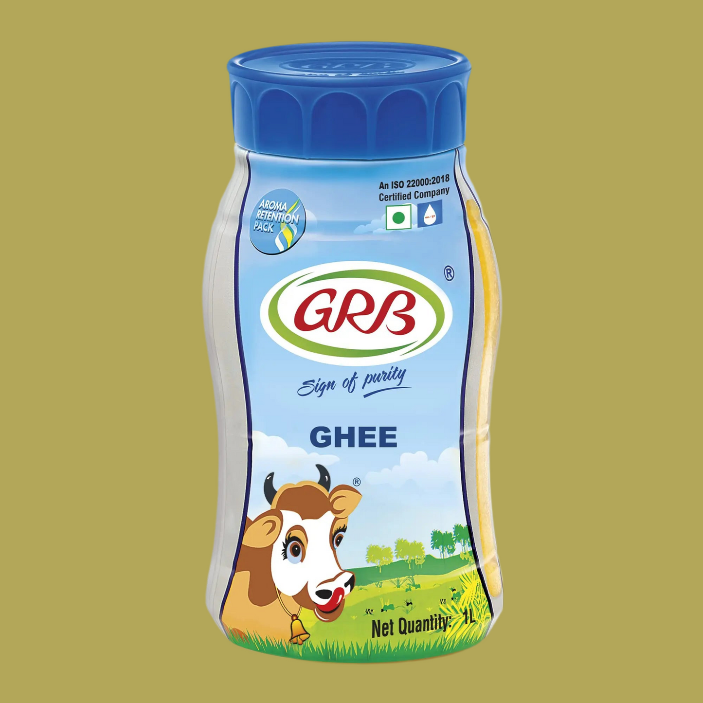 Container of GRB Ghee with a blue lid on a green background